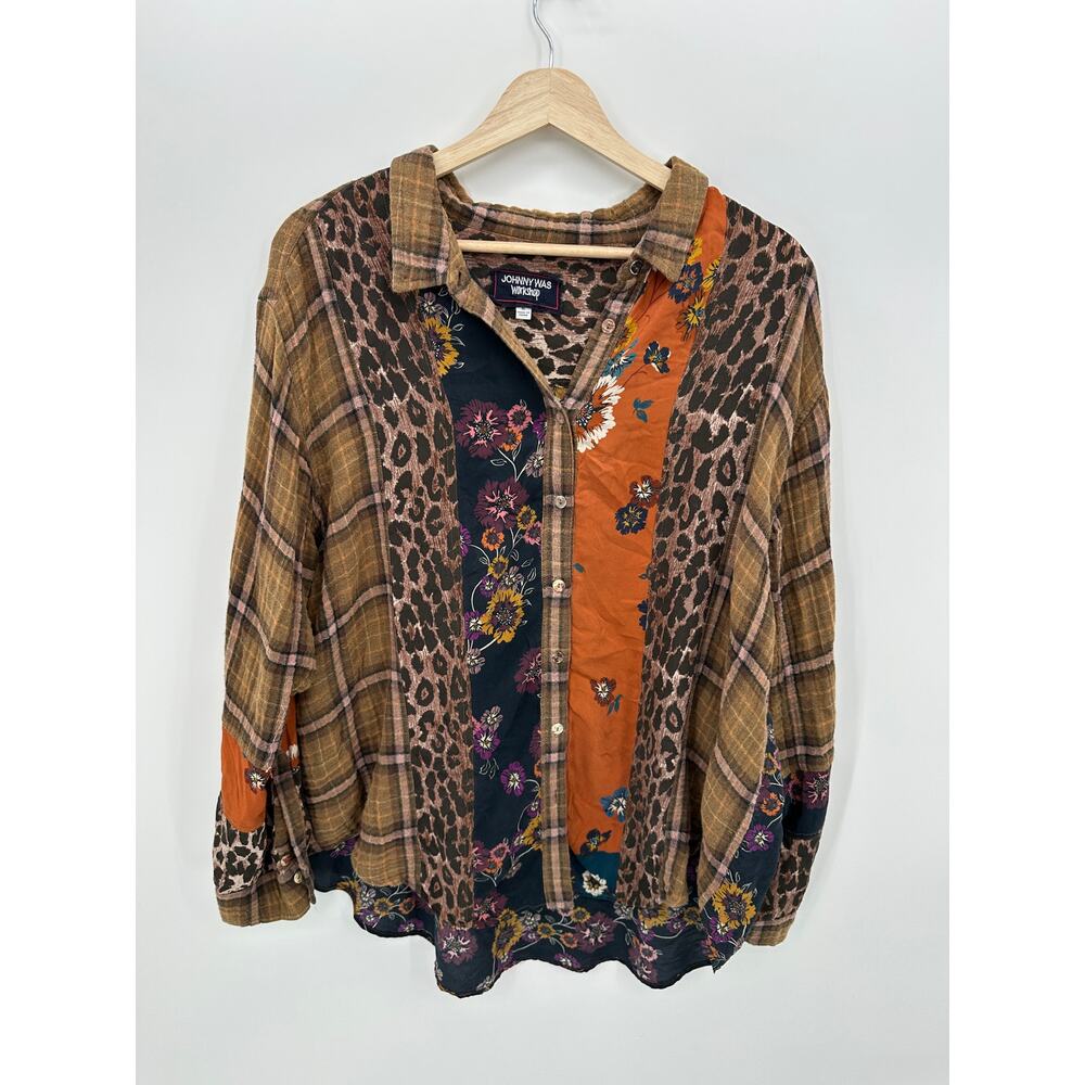 JOHNNY WAS Floral Cotton Silk Button Up Shirt Women Sz XL Boho Grunge